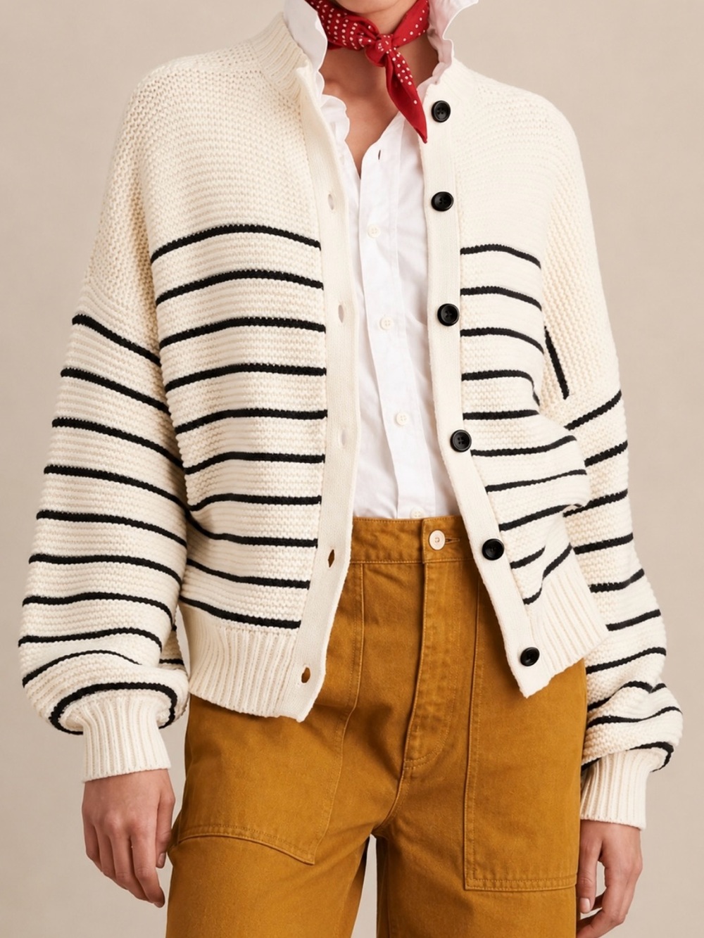 Alex Mill Cream and Black Striped Button-Front Cardigan